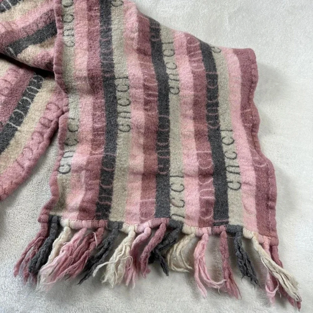 Gucci pink stripe logo wool cashmere blend scarf fringe designer y2k mcbling